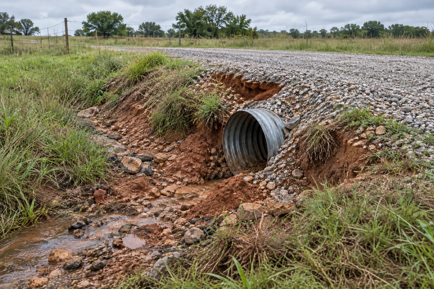 Illustration of soil and gravel washed away beside a culvert outlet and the edge of a gravel driveway.