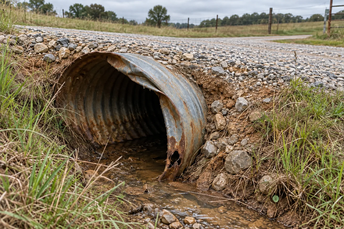 Illustration of a metal culvert with a bent opening and a rust-through hole near its lower edge.