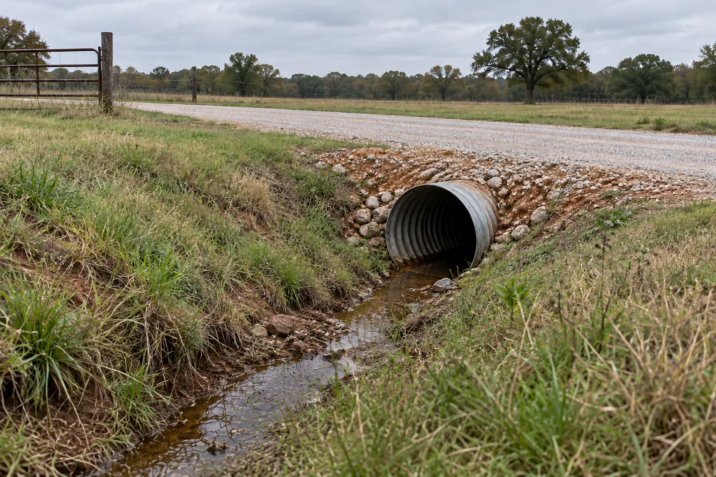 Illustration of a corrugated metal culvert opening beneath a gravel driveway, with a grassy ditch leading to the pipe.